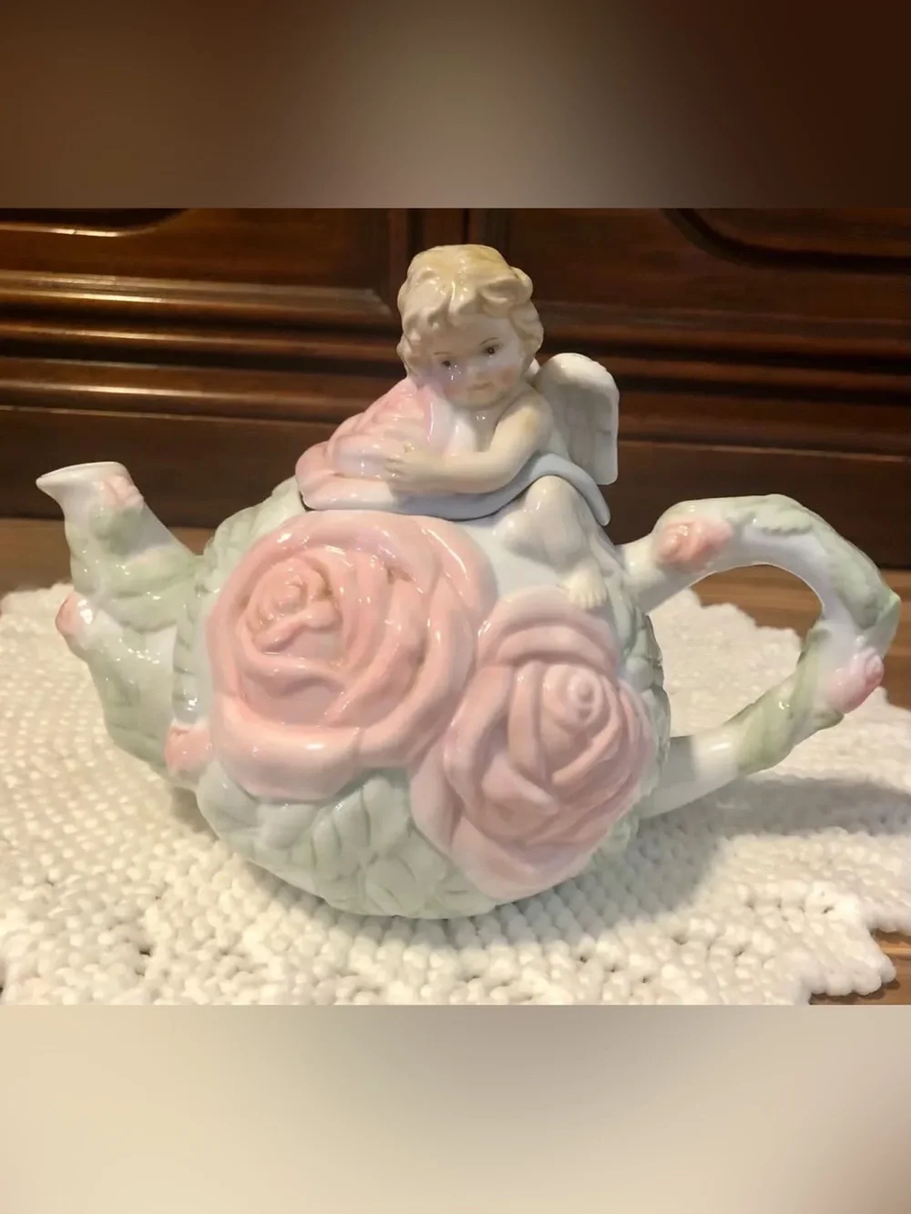 READ! Vintage Blonde Cherub Sculpted Pink Rose Victorian Garden Porcelain Teapot